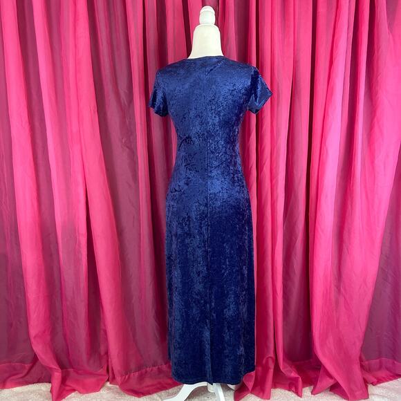 Vintage 90s Street Flower blue crushed velvet long stretch sheath dress, med - Picture 2 of 6